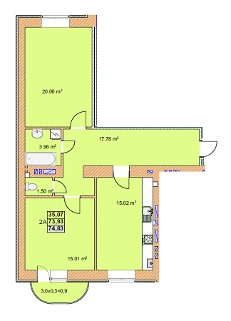 2-комнатная 74.83 м² в ЖК на ул. Любечская, 2А от застройщика, Чернигов