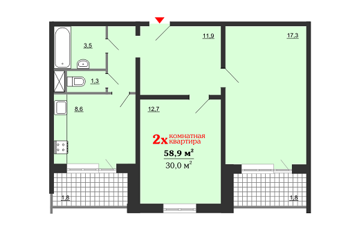 2-комнатная 58.9 м² в ЖК на ул. Онуприенко, 11Б от застройщика, г. Шостка