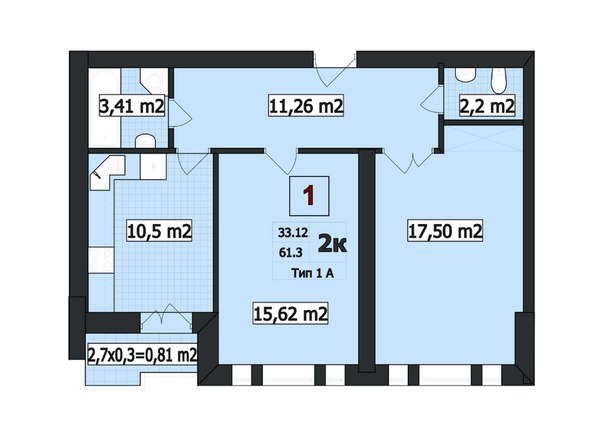 2-комнатная 61.3 м² в ЖК Парковый от застройщика, г. Буча