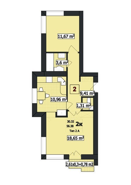 2-комнатная 56.38 м² в ЖК Парковый от застройщика, г. Буча