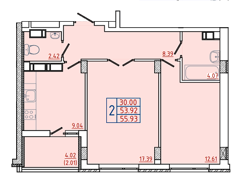 2-комнатная 55.93 м² в ЖК Цветной бульвар от застройщика, г. Черноморск