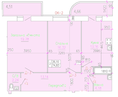 2-комнатная 74.83 м² в ЖК Премиум от застройщика, Хмельницкий