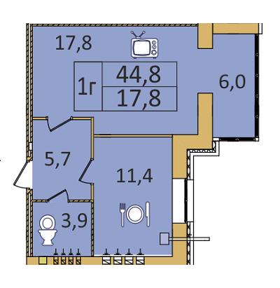 1-комнатная 44.8 м² в ЖК Семейный от застройщика, Днепр