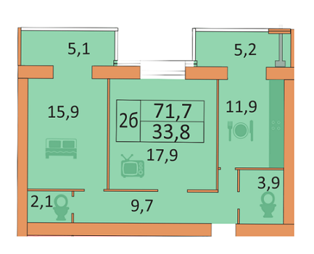 2-комнатная 71.7 м² в ЖК Семейный от застройщика, Днепр