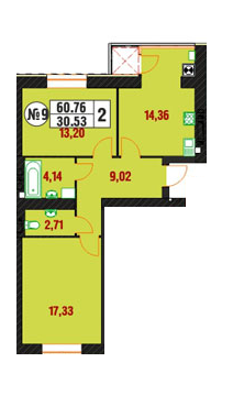 2-комнатная 60.76 м² в ЖК на Староконстантиновском шоссе, 20/6 от застройщика, Хмельницкий