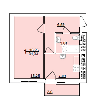 1-комнатная 34.33 м² в ЖК Твой Дом от застройщика, с. Софиевская Борщаговка