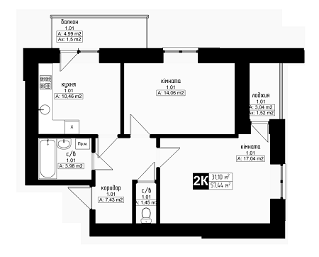 2-комнатная 57.44 м² в ЖК Украинка от застройщика, г. Украинка