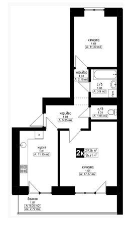 2-комнатная 56.41 м² в ЖК Украинка от застройщика, г. Украинка