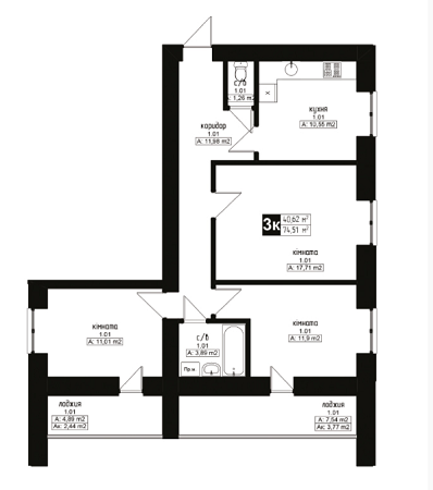 3-комнатная 74.51 м² в ЖК Украинка от застройщика, г. Украинка