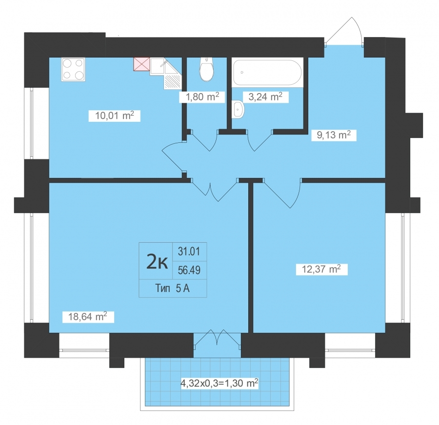 2-комнатная 56.49 м² в ЖК Центральный от застройщика, г. Буча