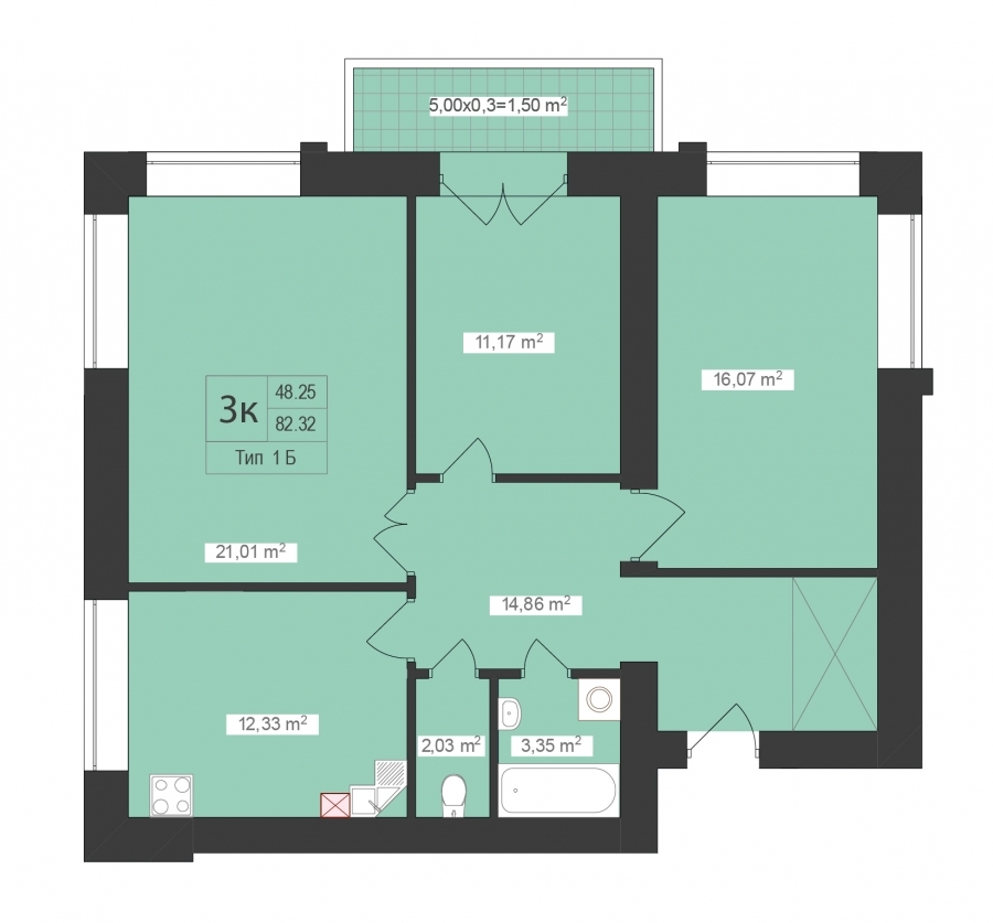 3-комнатная 82.32 м² в ЖК Центральный от застройщика, г. Буча