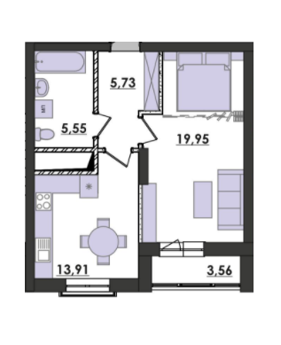 1-комнатная 46.86 м² в ЖК Amsterdom от застройщика, пгт Турбов