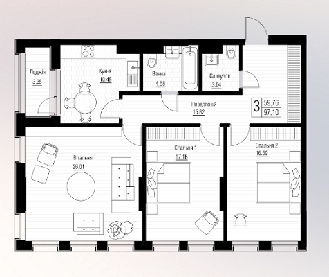 3-комнатная 97.1 м² в ЖК Chicago Central House от 54 961 грн/м², Киев