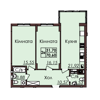 2-комнатная 70.6 м² в ЖК Globus Meridian от застройщика, Львов