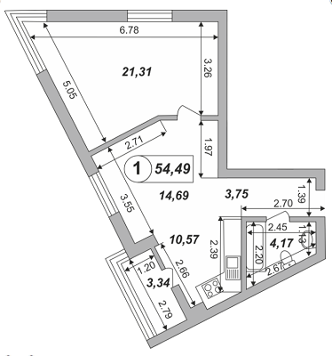 1-комнатная 54.49 м² в ЖК Skyland 2 от застройщика, Киев