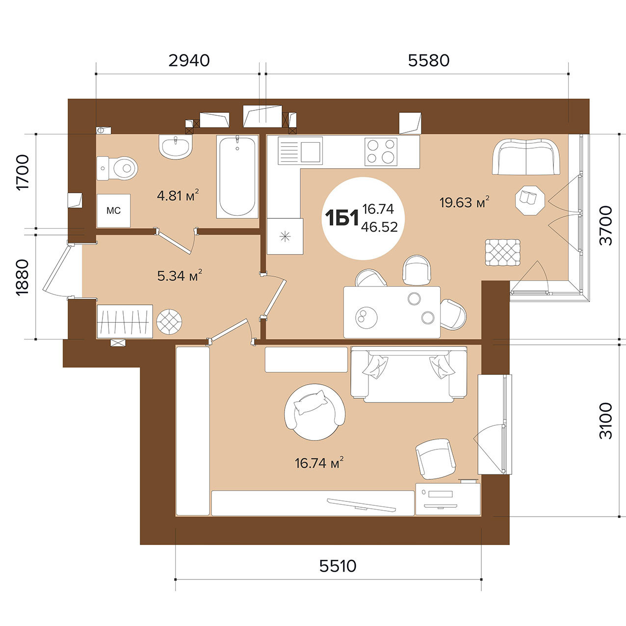 1-кімнатна 46.52 м² в ЖК Фаворит Premium від 22 000 грн/м², м. Ірпінь