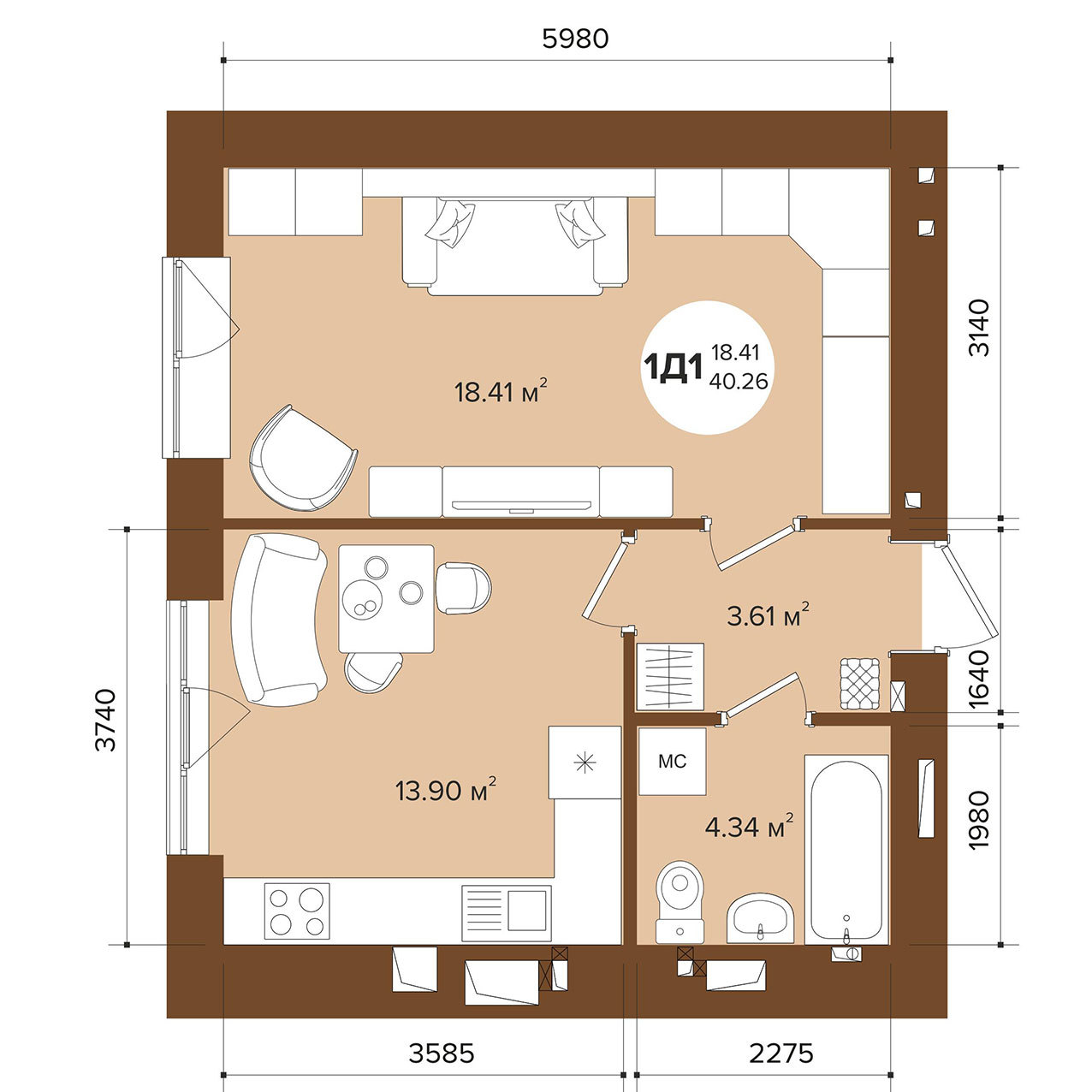 1-комнатная 40.26 м² в ЖК Фаворит Premium от 26 050 грн/м², г. Ирпень