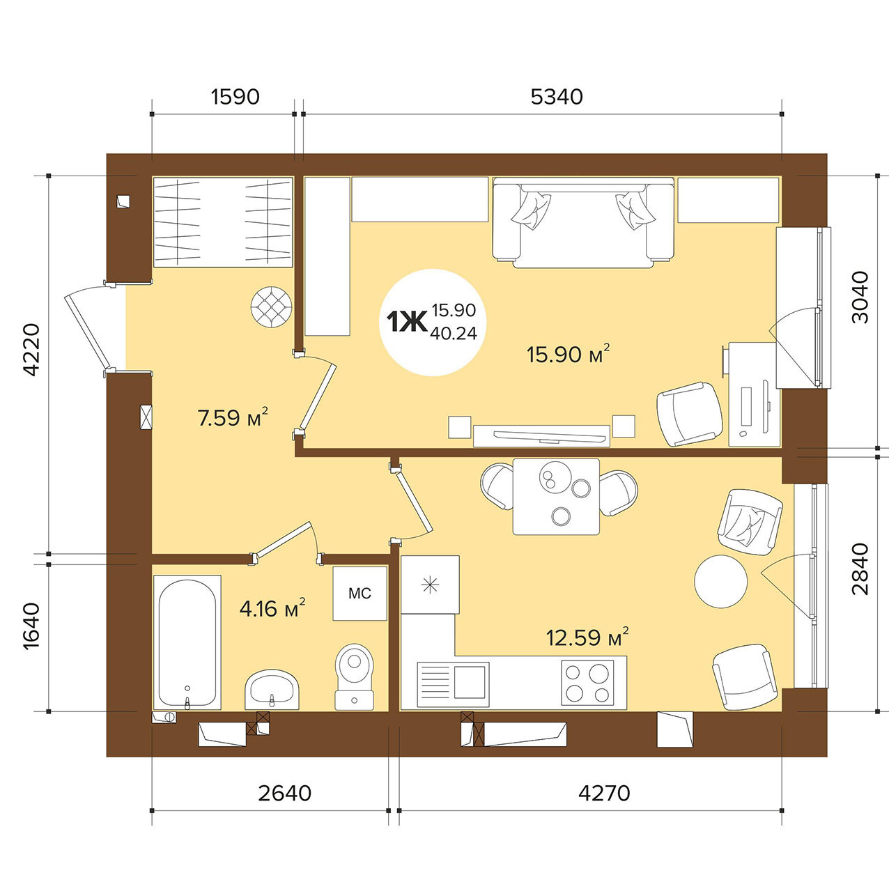 1-комнатная 40.24 м² в ЖК Фаворит Premium от застройщика, г. Ирпень