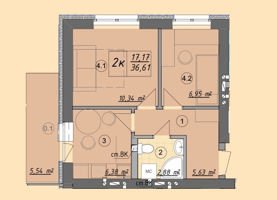 2-комнатная 36.61 м² в ЖК Власна квартира от 32 500 грн/м², Киев