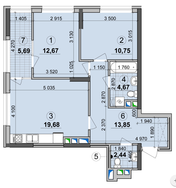 2-комнатная 69.75 м² в ЖК Seven от 21 200 грн/м², Киев