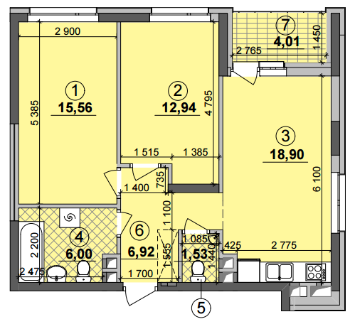 2-кімнатна 63.86 м² в ЖК Seven від 21 200 грн/м², Київ