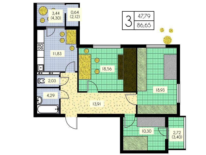 3-комнатная 86.65 м² в ЖК Набережный от застройщика, г. Вышгород