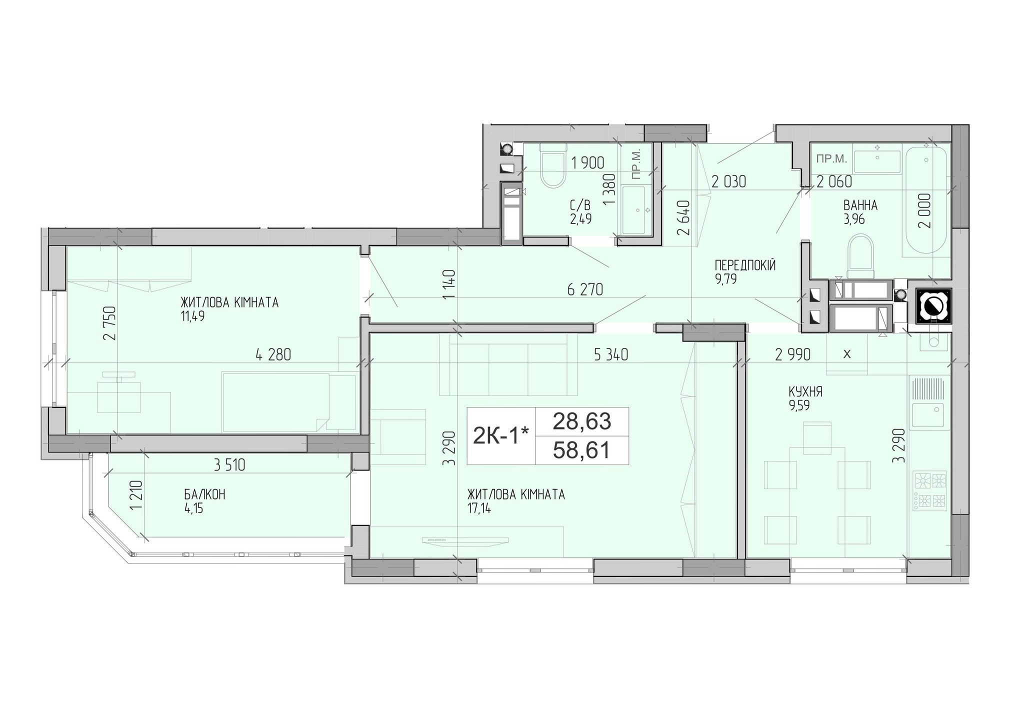 2-комнатная 58.61 м² в ЖК Сакура от 18 400 грн/м², с. Крюковщина