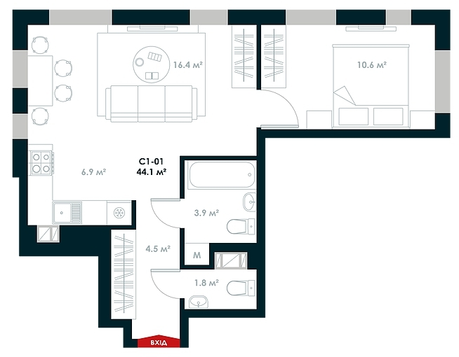 2-кімнатна 44.1 м² в ЖК Atria City.Teremky від 22 500 грн/м², смт Чабани