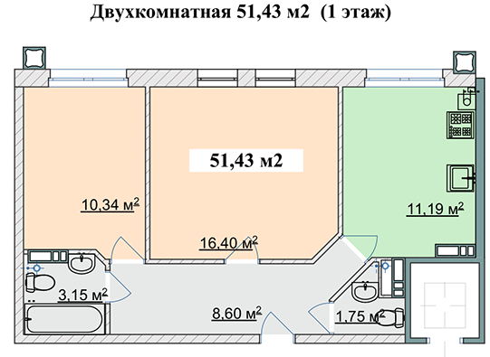 2-кімнатна 51.43 м² в ЖК Ягода від забудовника, смт Гостомель