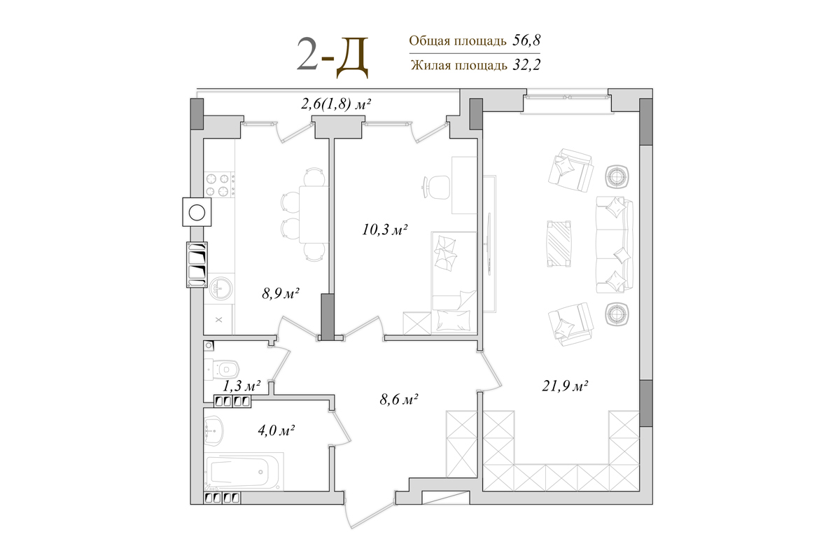 2-кімнатна 56.8 м² в КБ DeLuxe від 20 500 грн/м², м. Ірпінь