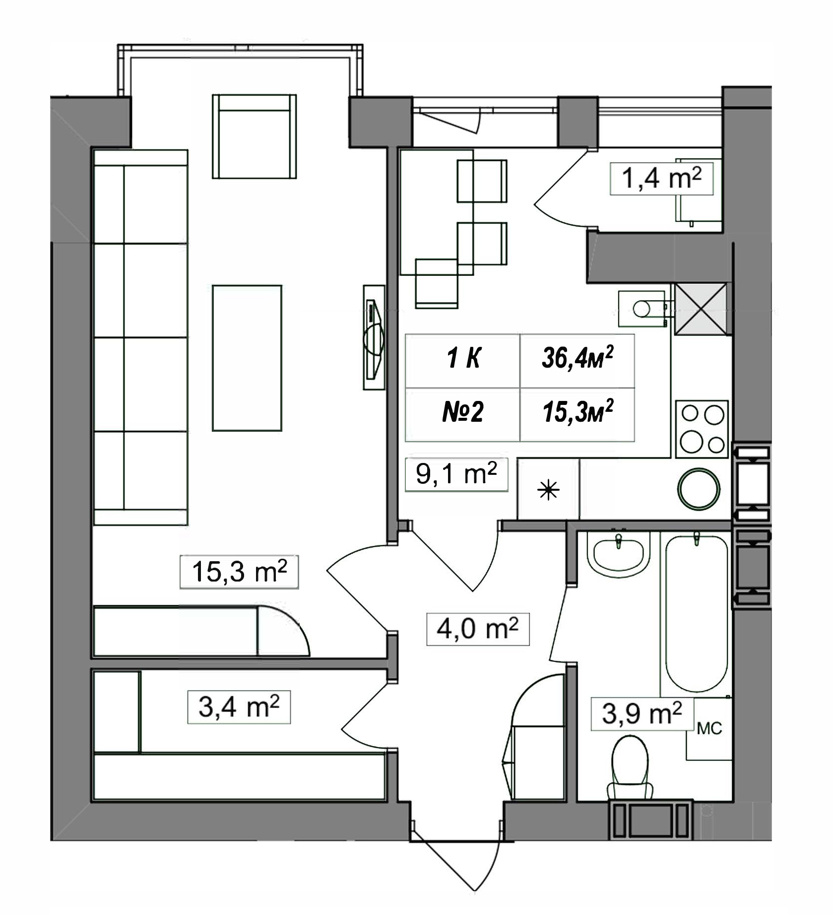 1-комнатная 36.4 м² в ЖК Гудвил от застройщика, с. Хотов