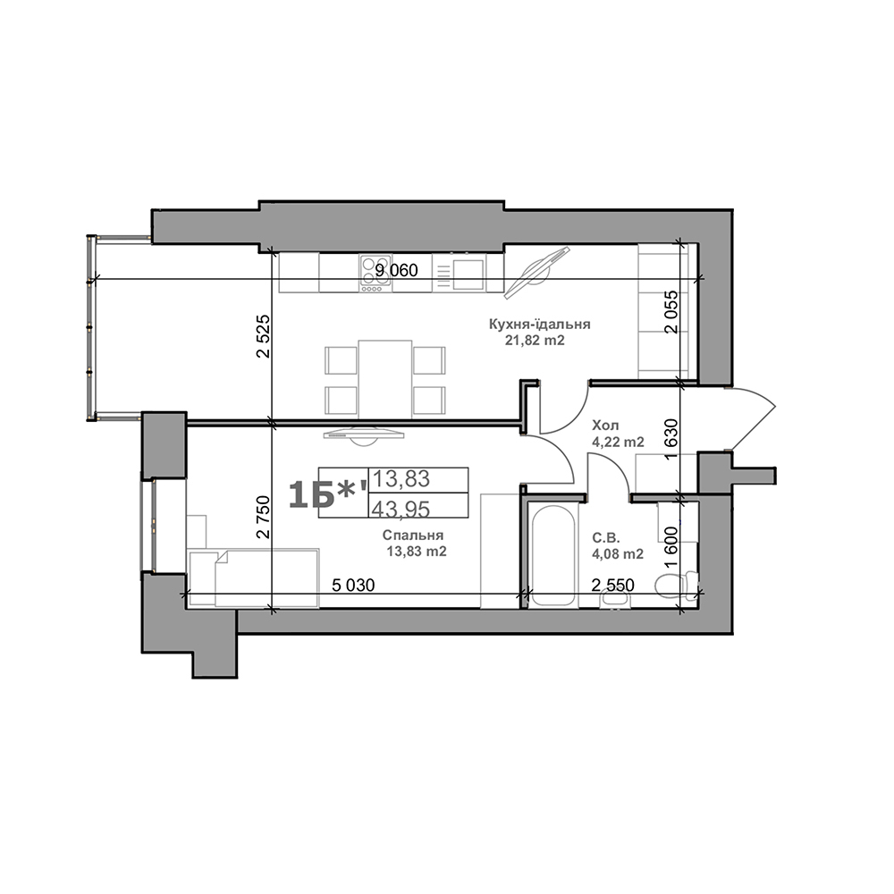 Смарт 43.95 м² в ЖК Рідний від 14 300 грн/м², с. Гатне