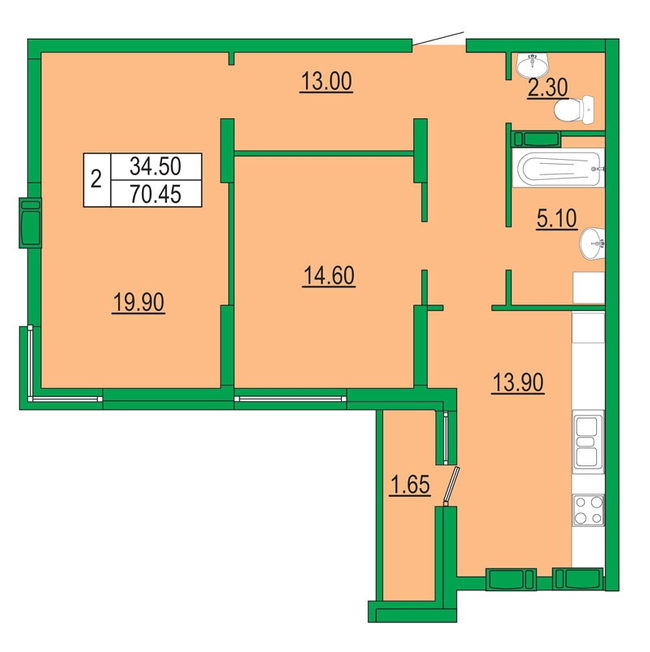 2-комнатная 70.45 м² в ЖК Венеция от 33 800 грн/м², Киев