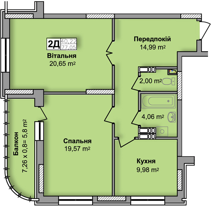 2-комнатная 77.05 м² в ЖК по ул. Ю. Кондратюка от 22 500 грн/м², Киев