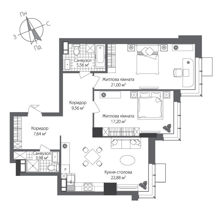 2-кімнатна 87.82 м² в ЖК RiverStone від 44 720 грн/м², Київ