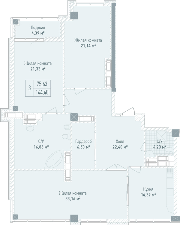 3-кімнатна 144.4 м² в ЖК Бульвар Фонтанів від 71 280 грн/м², Київ