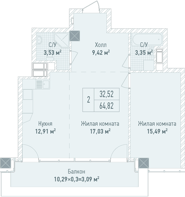 2-кімнатна 64.82 м² в ЖК Бульвар Фонтанів від 68 150 грн/м², Київ