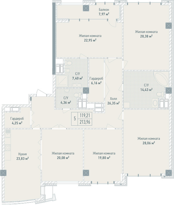 5+ кімнат 213.96 м² в ЖК Бульвар Фонтанів від 71 280 грн/м², Київ