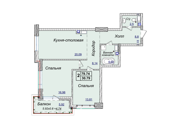 2-комнатная 79.74 м² в ЖК Новопечерские Липки от застройщика, Киев