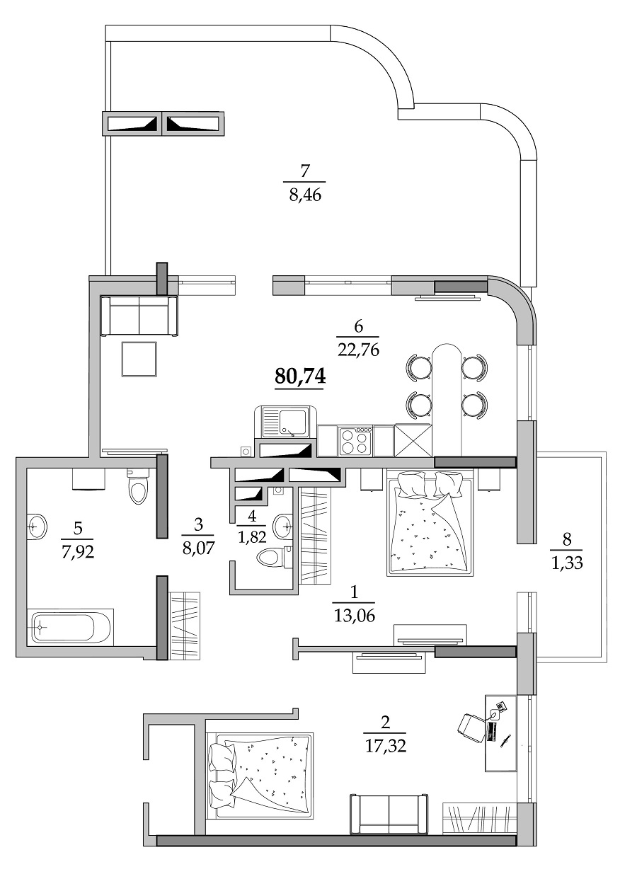 2-кімнатна 80.74 м² в Мкрн Таїровські сади від 19 550 грн/м², с. Лиманка