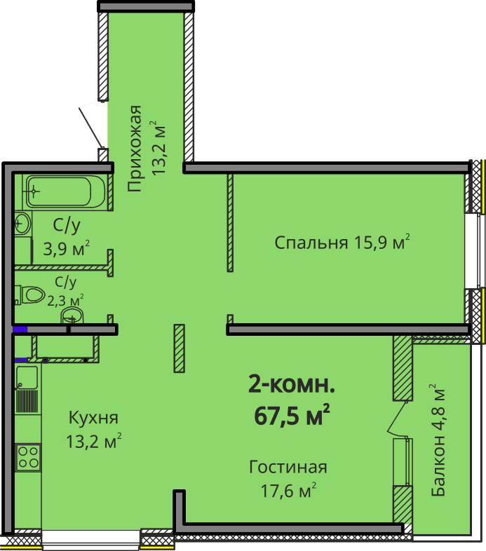 2-комнатная 67.5 м² в ЖК Альтаир 3 от 24 700 грн/м², Одесса