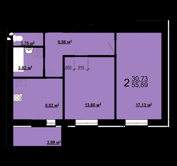 2-кімнатна 55.69 м² в ЖК Миру-3 від 9 300 грн/м², Харків