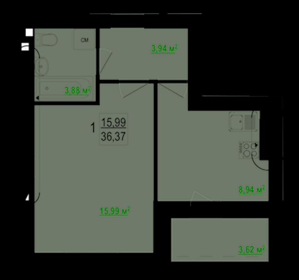 1-комнатная 36.37 м² в ЖК Гидропарк от 10 000 грн/м², Харьков