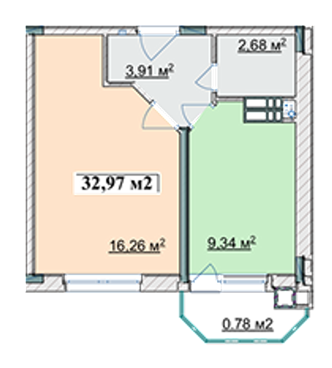 1-комнатная 32.97 м² в ЖК Ягода от 13 500 грн/м², пгт Гостомель