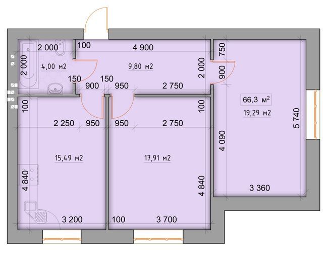 2-комнатная 66.3 м² в ЖК Бархатный от застройщика, с. Софиевская Борщаговка