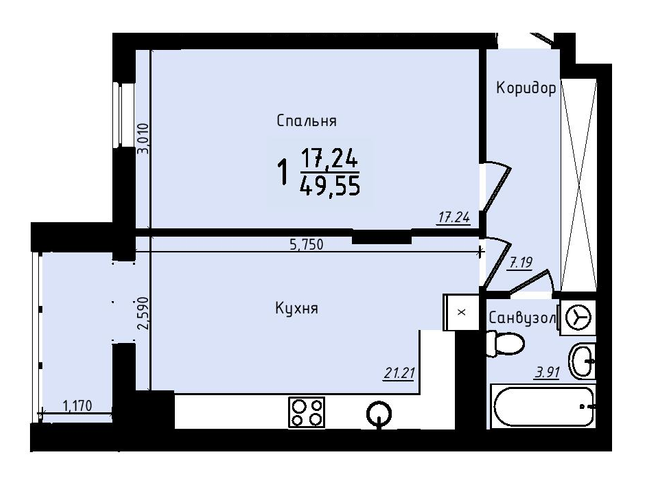 1-кімнатна 49.55 м² в ЖК Plus 2 від 18 500 грн/м², Львів