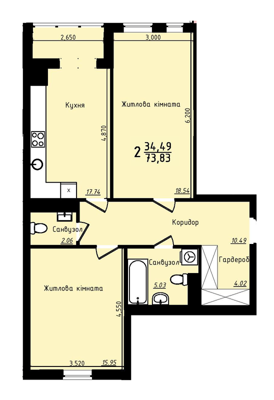 2-кімнатна 73.83 м² в ЖК Plus 2 від 18 500 грн/м², Львів