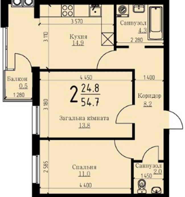 2-кімнатна 54.7 м² в ЖК Plus на Роксоляни від забудовника, Львів