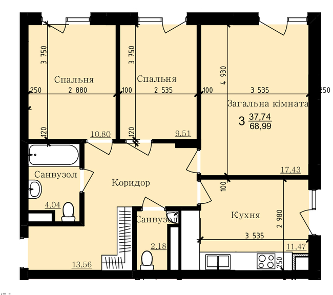 3-кімнатна 68.99 м² в ЖК Globus Park від 17 000 грн/м², с. Сокільники