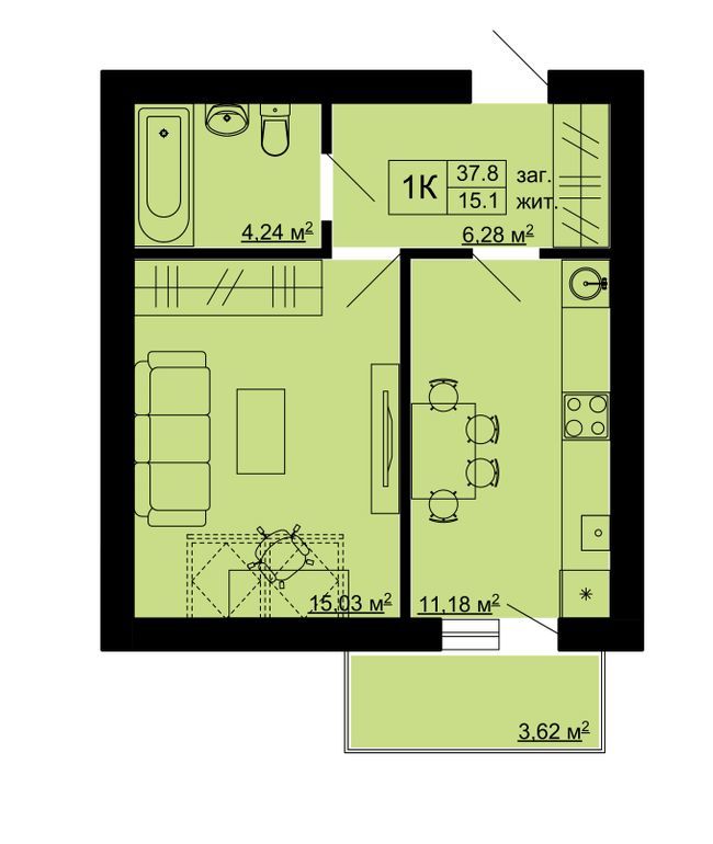 1-комнатная 37.8 м² в ЖК Південний от 15 500 грн/м², с. Сокольники